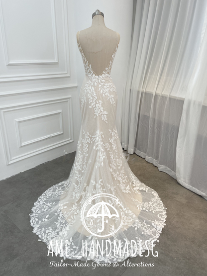Romantic Floral Lace Mermaid Wedding Gown with Illusion Bodice & Chapel Train