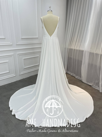 Minimalist A-Line Satin Wedding Gown with Plunging V-Neckline & Flowing Train