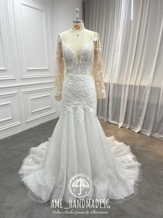 Enchanted Elegance Mermaid Gown with Illusion Sleeves and Sparkling Train