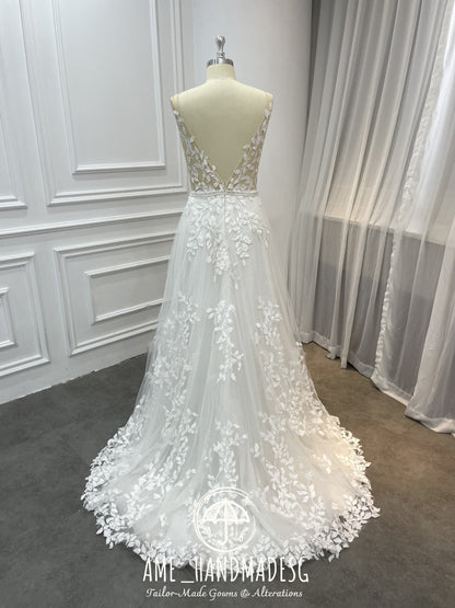 Whispering Garden A-Line Gown with Leaf Lace Appliqués