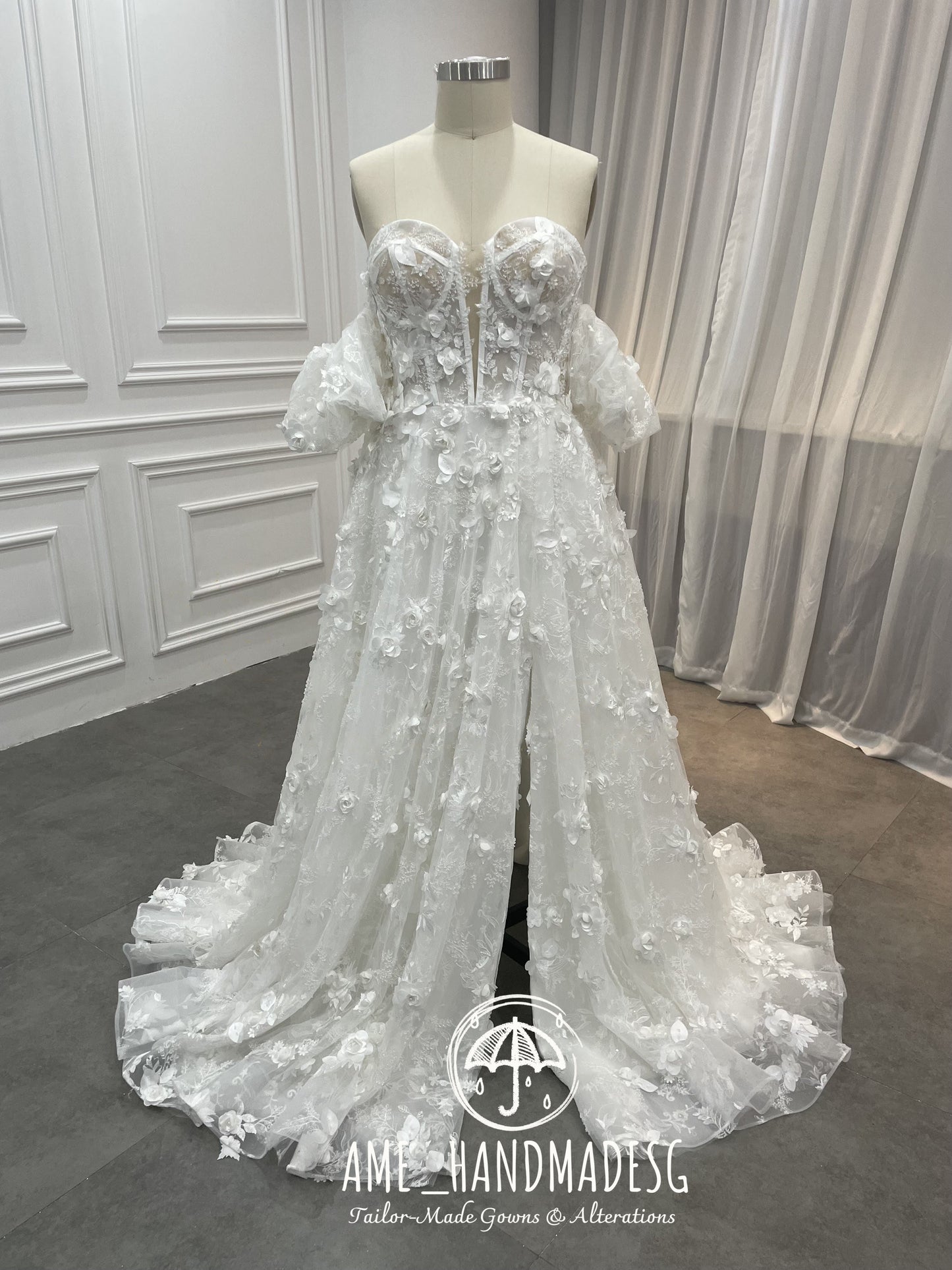 Romantic Off-Shoulder Floral Lace Wedding Gown with Corset Bodice & Flowing Train