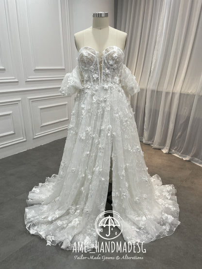 Romantic Off-Shoulder Floral Lace Wedding Gown with Corset Bodice & Flowing Train