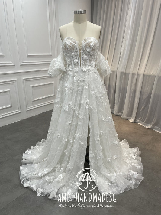 Romantic Off-Shoulder Floral Lace Wedding Gown with Corset Bodice & Flowing Train