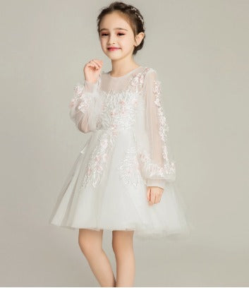 Elegant Princess Gown: Girls' Long-Sleeve Wedding Flower Girl Dress for Performances
