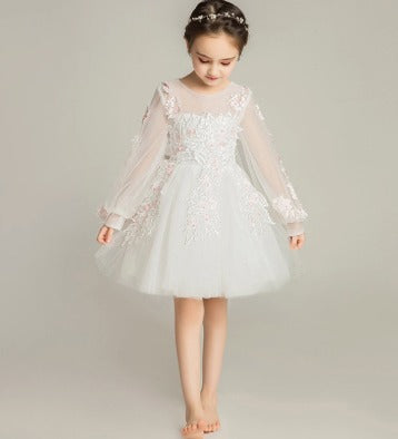 Elegant Princess Gown: Girls' Long-Sleeve Wedding Flower Girl Dress for Performances