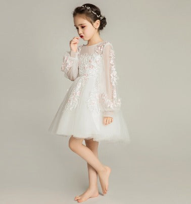 Elegant Princess Gown: Girls' Long-Sleeve Wedding Flower Girl Dress for Performances