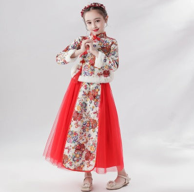 Elegant Kids Princess Hanfu Dress: Winter Warm Long-Sleeve Traditional Chinese Costume