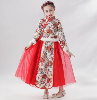 Elegant Kids Princess Hanfu Dress: Winter Warm Long-Sleeve Traditional Chinese Costume