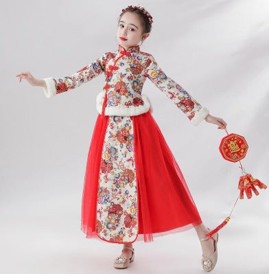 Elegant Kids Princess Hanfu Dress: Winter Warm Long-Sleeve Traditional Chinese Costume