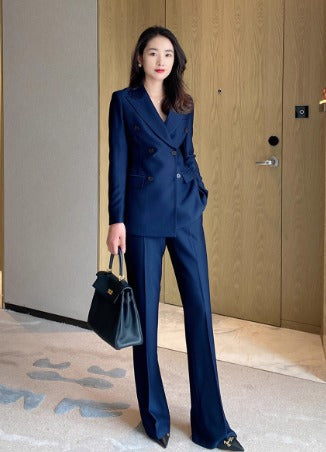 High-End Dark Navy Flared Trousers Slim Fit Business Suit