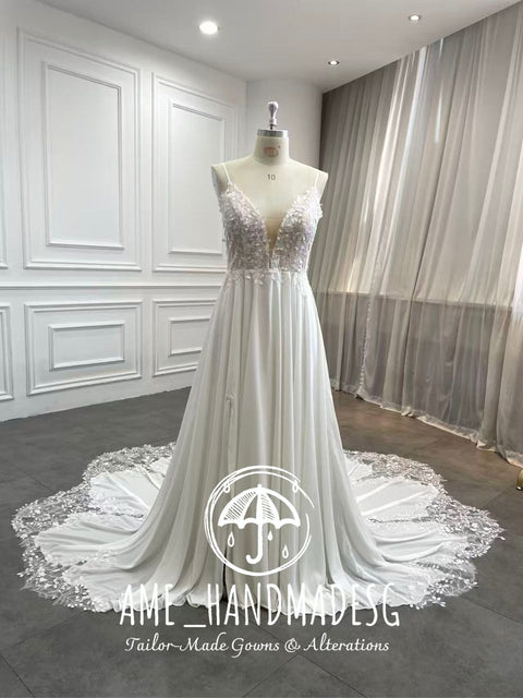 Ethereal Floral Lace A-Line Wedding Gown with Chapel Train