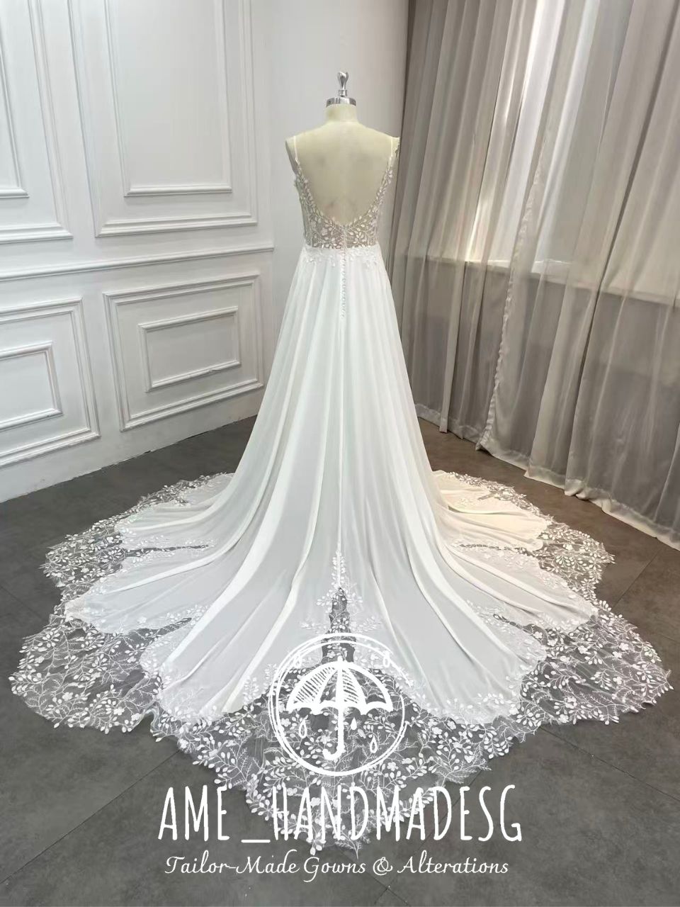 Ethereal Floral Lace A-Line Wedding Gown with Chapel Train