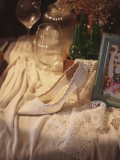 White Lace Wedding Stiletto Heels 8cm For Bride