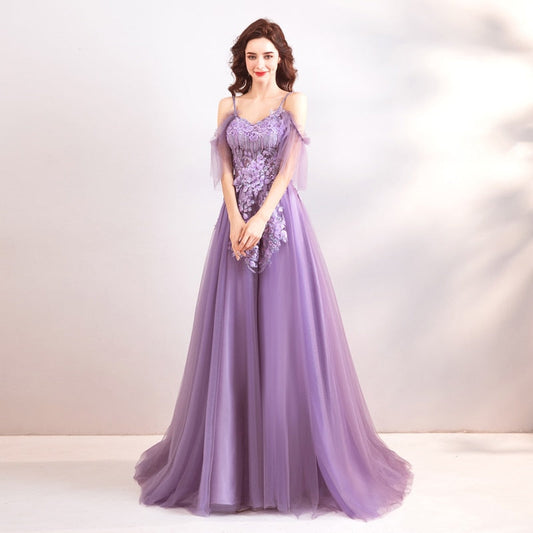 Purple Evening Dress Strapless A-line Tulle Party Evening Dresses Sex Floor-length Short Sleeves Lace up LX807