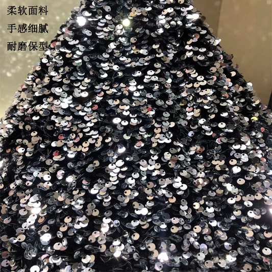 Autumn and winter velvet bottom three-dimensional sequin fabric foam embroidered black and silver sequin dress fabric jacket and skirt