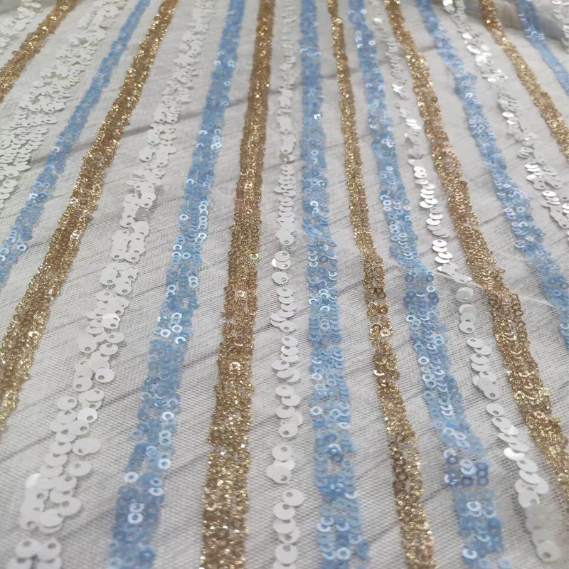 Sequined shiny gold powder striped sequin embroidery mesh embroidery fabric clothing dress dress performance clothing