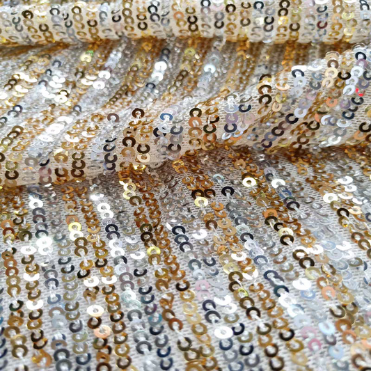 Sequined fabric two-color straight strip polyurethane mesh apricot bottom gold and silver sequin embroidered elastic fashion stage decoration evening dress fabric