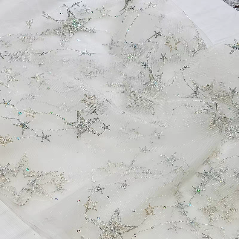 Exquisite gypsophila five-pointed starry sky gauze sequin embroidery gold thread mesh fabric children's clothing dress dress clothing cloth