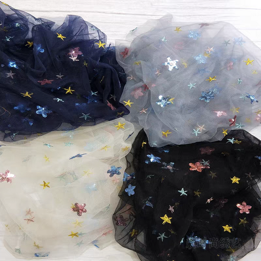 Star yarn fantasy blue embroidery mesh fabric sequin embroidered cloth dress children's clothing background curtain handmade DIY