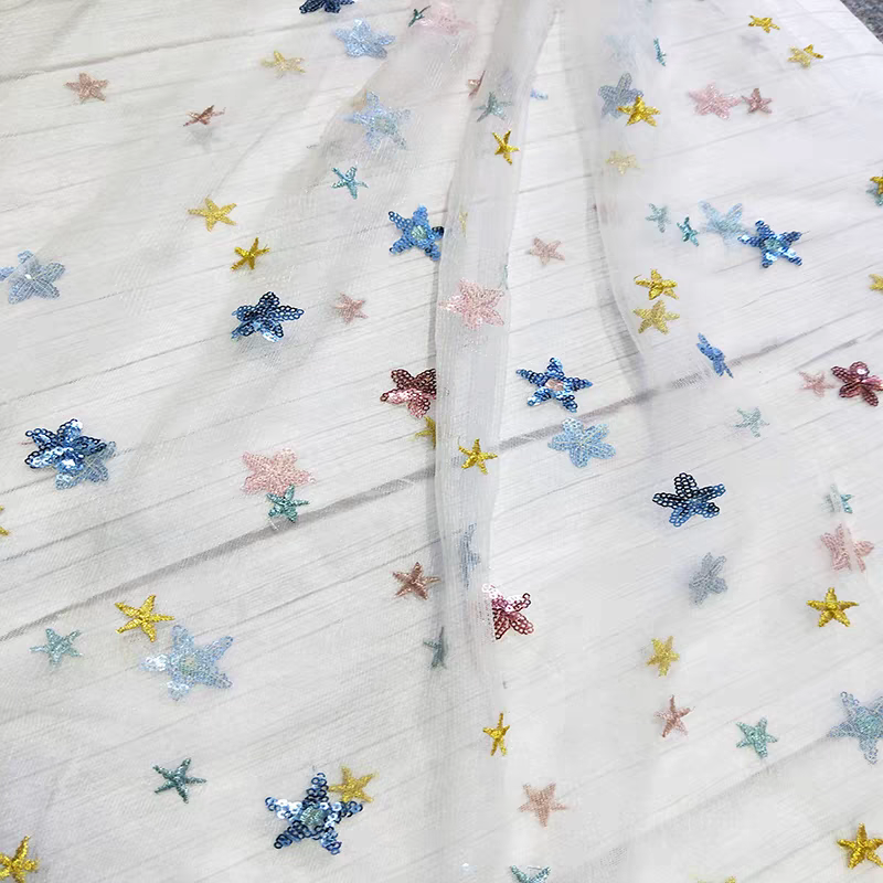 Star yarn fantasy blue embroidery mesh fabric sequin embroidered cloth dress children's clothing background curtain handmade DIY