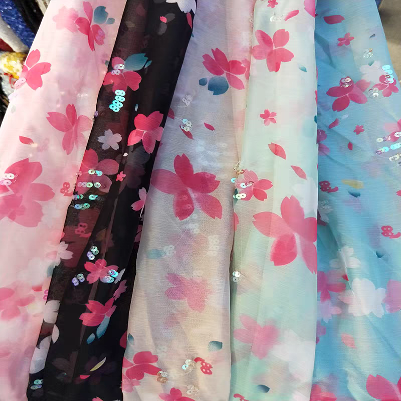 Internet celebrity small fresh floral chiffon sequin fabric clothing dress cloth curtain cloth handmade DIY