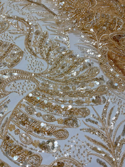 European and American gold net fabric bead tube embroidery wedding dress phoenix feather sequin embroidery fabric nail beads 6 beads