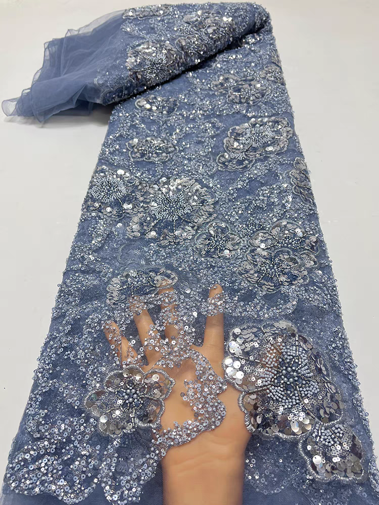 Blue mesh heavy industry bead tube embroidery beading three-dimensional flower pattern sequin embroidery fabric dress wedding dress