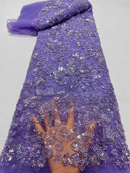 European purple mesh fabric heavy bead tube embroidery bubble beads beading flower sequin embroidery fabric dress wedding dress