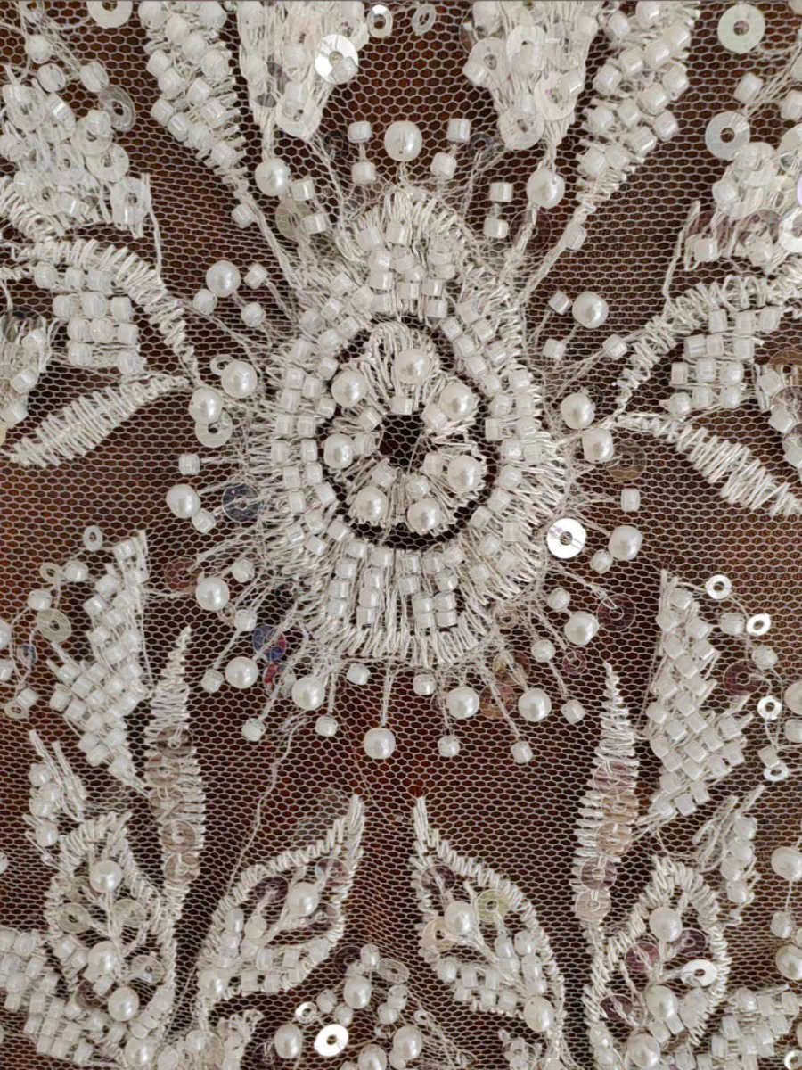 High quality heavy industry luxury nail embroidery silver sequin lace fabric wedding dress women's mesh dress DIY lace accessories