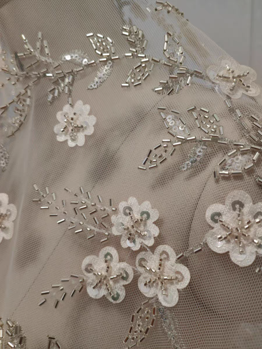 Exquisite sequin three-dimensional beading embroidery flower soft lace fabric wedding gauze mesh dress custom accessories lace