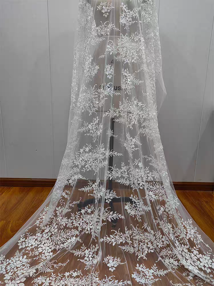 New Beaded White Sequins Pearl Flowers and Leaves Lace Mesh Wedding Dress DIY Lace Clothing Accessories