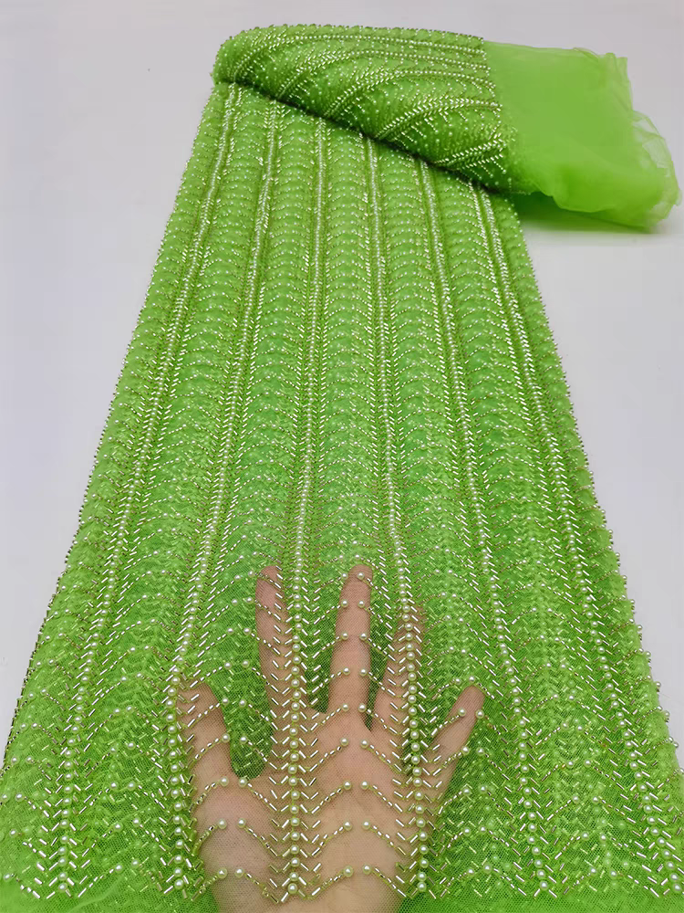 Green mesh fabric heavy bubble beads tube embroidery beaded stripes sequin embroidery fabric dress wedding dress cheongsam