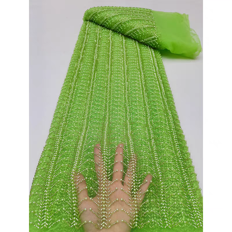 Green mesh fabric heavy bubble beads tube embroidery beaded stripes sequin embroidery fabric dress wedding dress cheongsam