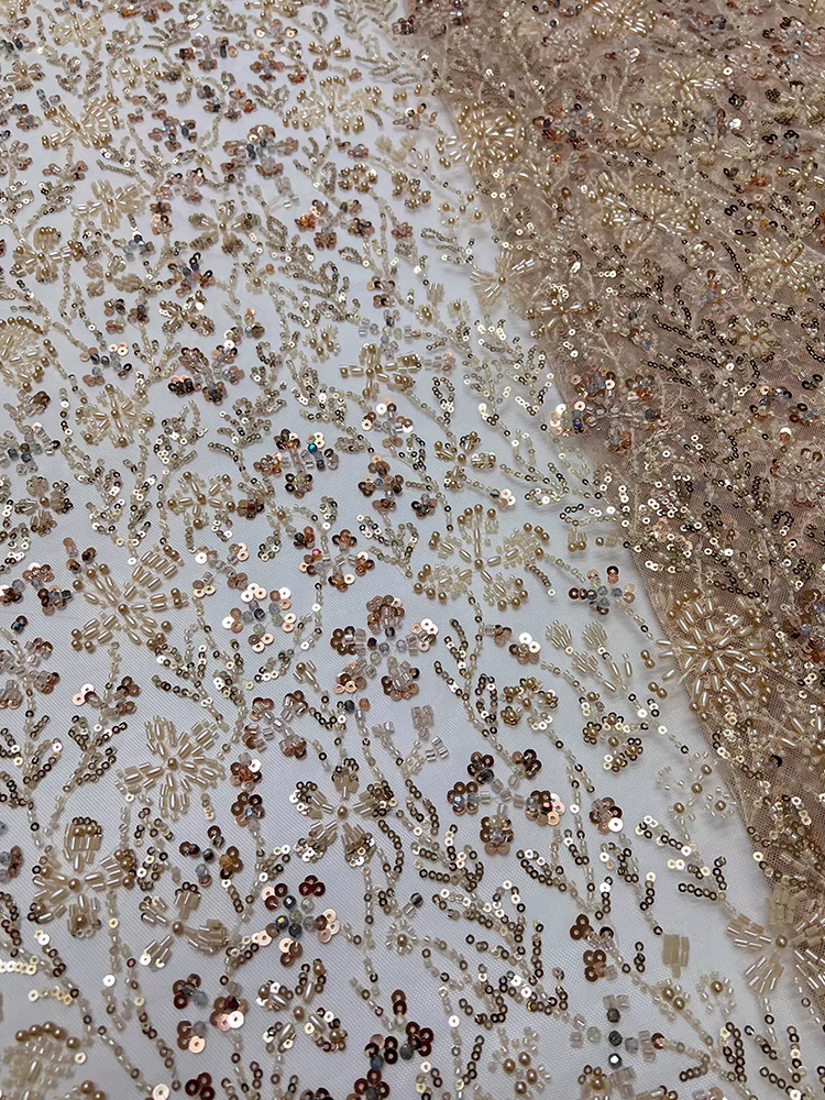 Ready-made mesh fabric, beaded tube embroidery, five-bead three-dimensional flower pattern, sequins, embroidered fabric, dress, wedding dress