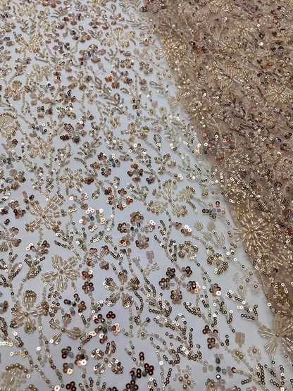 Ready-made mesh fabric, beaded tube embroidery, five-bead three-dimensional flower pattern, sequins, embroidered fabric, dress, wedding dress