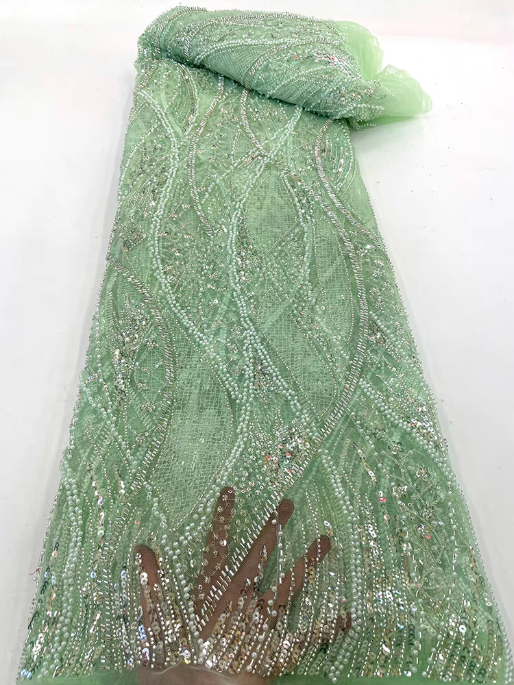 Lace mesh fabric green beaded sequins beaded embroidery fabric dress clothing wedding dress Five yards