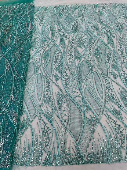 Lace mesh fabric green beaded sequins beaded embroidery fabric dress clothing wedding dress Five yards