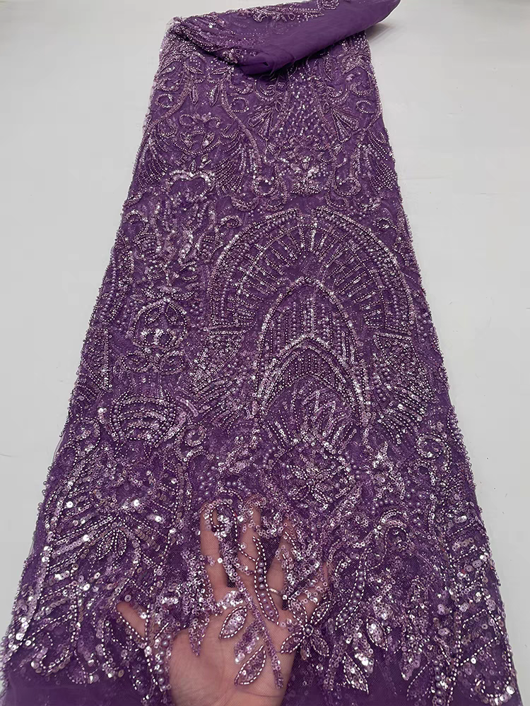 Purple beaded tube embroidery beaded mesh lace fabric sequins embroidery fabric dress performance costume wedding dress 5 yards