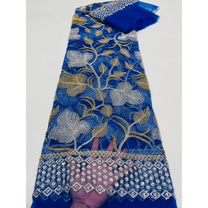 Blue mesh fabric retro ethnic style Dai leaves beaded sequins embroidered fabric dress dress