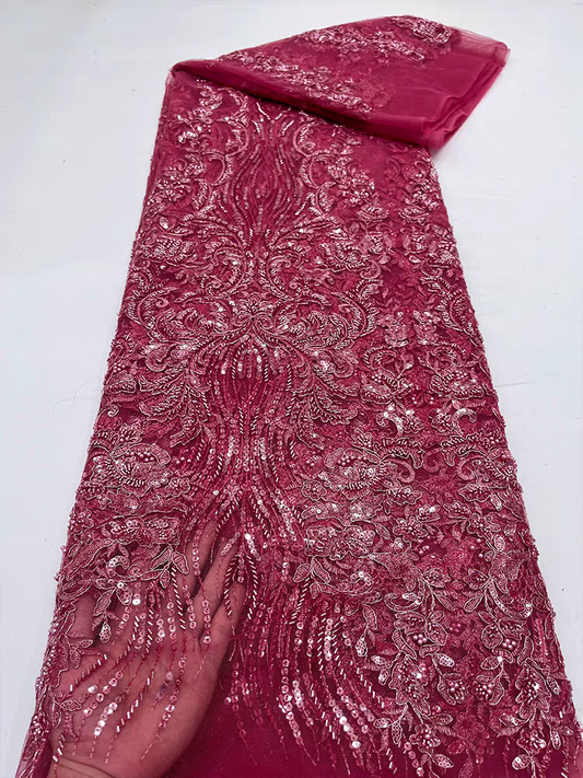 Burgundy beaded tube embroidery mesh ethnic silver strands flower lace sequin embroidery fabric dress clothing fabric 5y