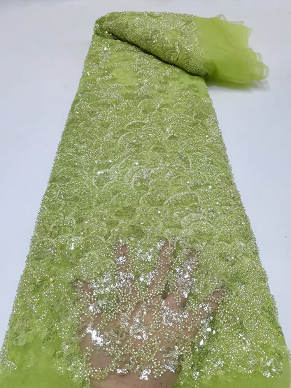 Green lace mesh fabric bead tube embroidery beaded sequin embroidery fabric dress clothing wedding dress Five yards