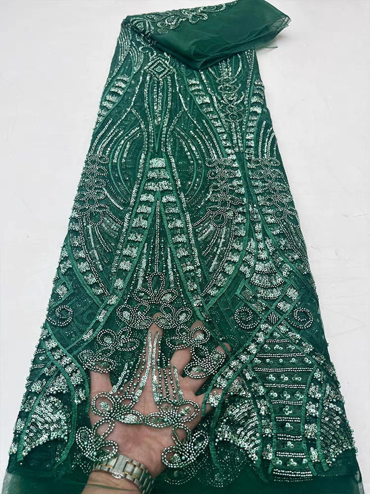 Dark green mesh fabric beaded bow bead tube embroidery sequins embroidery fabric dress wedding dress