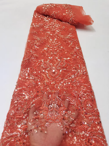 New orange mesh fabric bead tube embroidery beads large beads sequins embroidery fabric dress clothing wedding dress 5Y