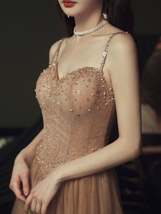 Banquet evening dress new champagne-colored sling fairy temperament dream sequin famous birthday dress long.