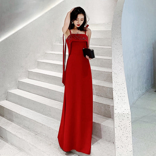 Tribute bride new long red wedding dress dress elegant sexy sling thin thank you banquet girl.