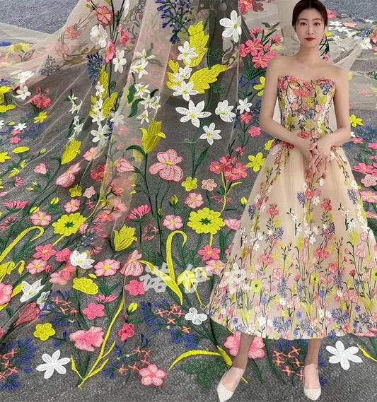 Flower fairy yellow pink color embroidered lace fabric three-dimensional hollow mesh embroidery French dress long skirt fabric