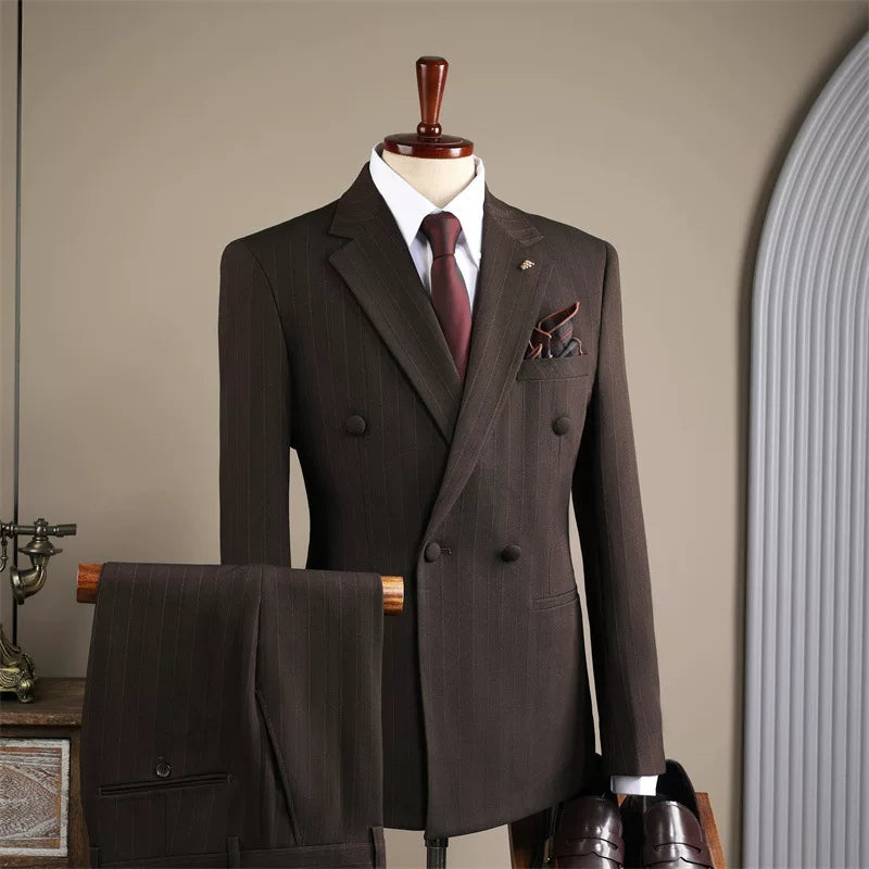 Suits for men, high-end double-breasted striped suits, three-piece suits, formal groom wedding dress