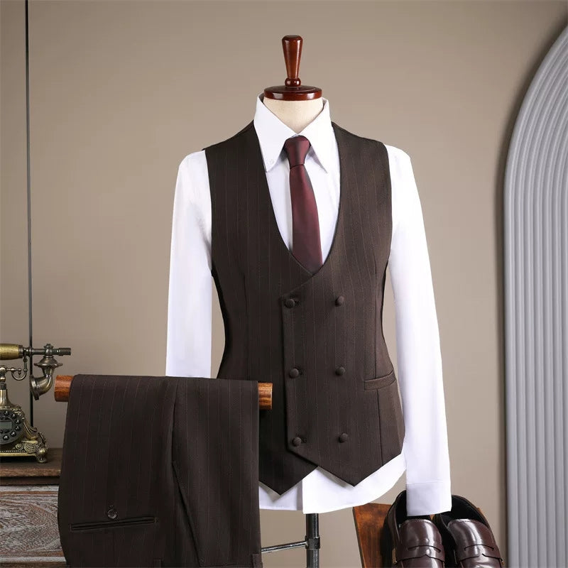 Suits for men, high-end double-breasted striped suits, three-piece suits, formal groom wedding dress