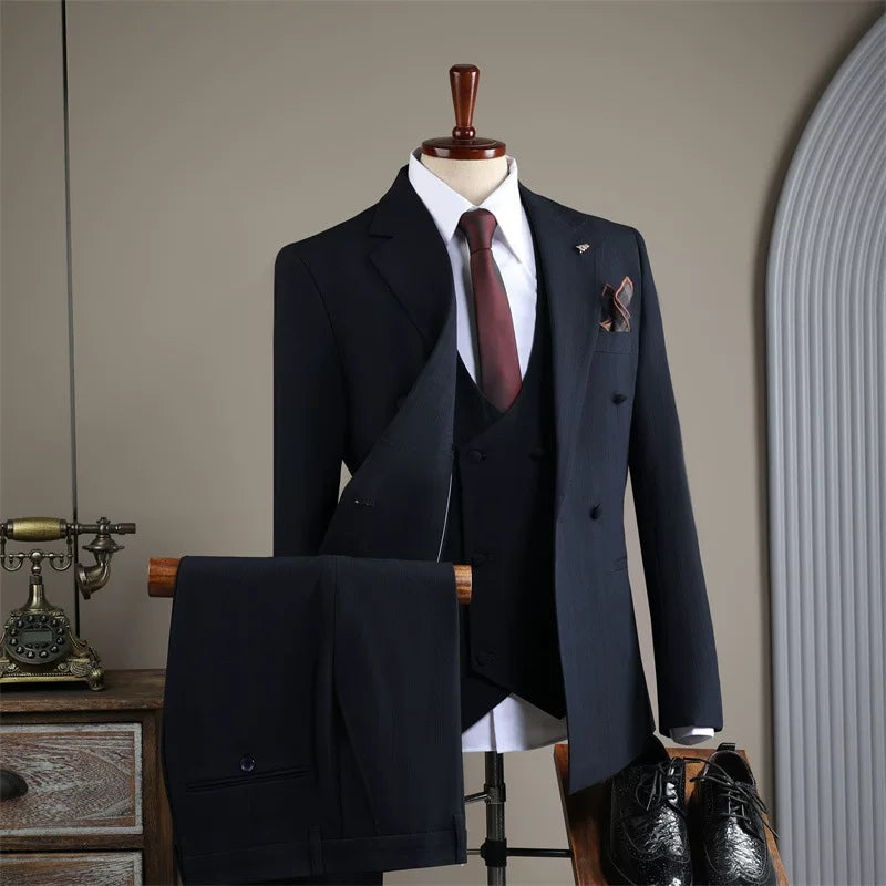 Suits for men high-end business double-breasted striped suits three-piece suits for grooms wedding dresses