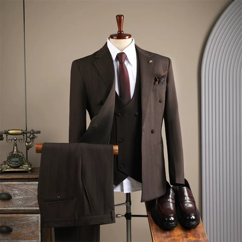 Suits for men high-end business double-breasted striped suits three-piece suits for grooms wedding dresses